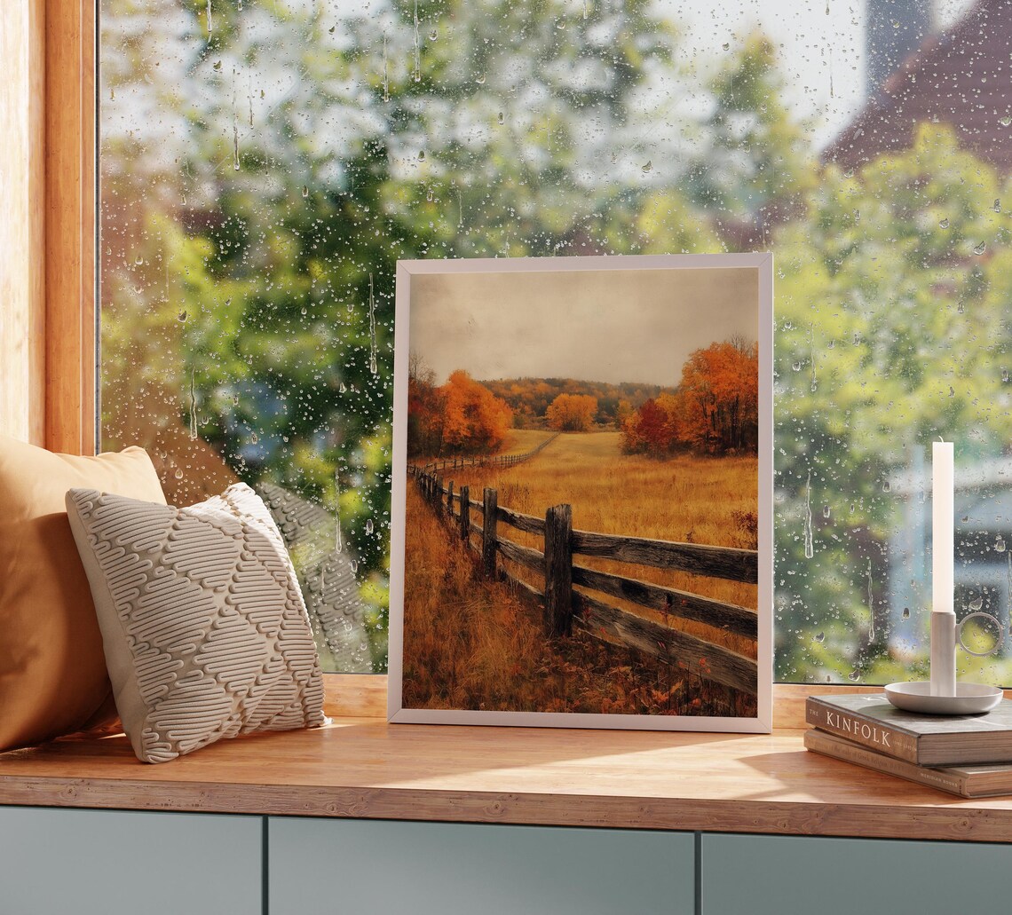 Wooden Fence Leading Through Golden Meadow to Autumn Trees Poster - Image 2