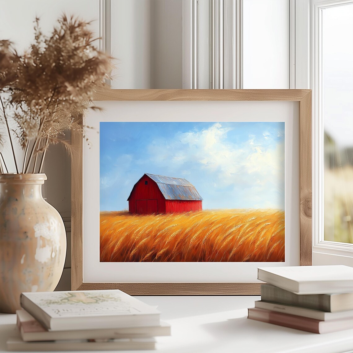 Red Barn Golden Wheat Field Blue Sky Oil Painting Country Poster - Image 2