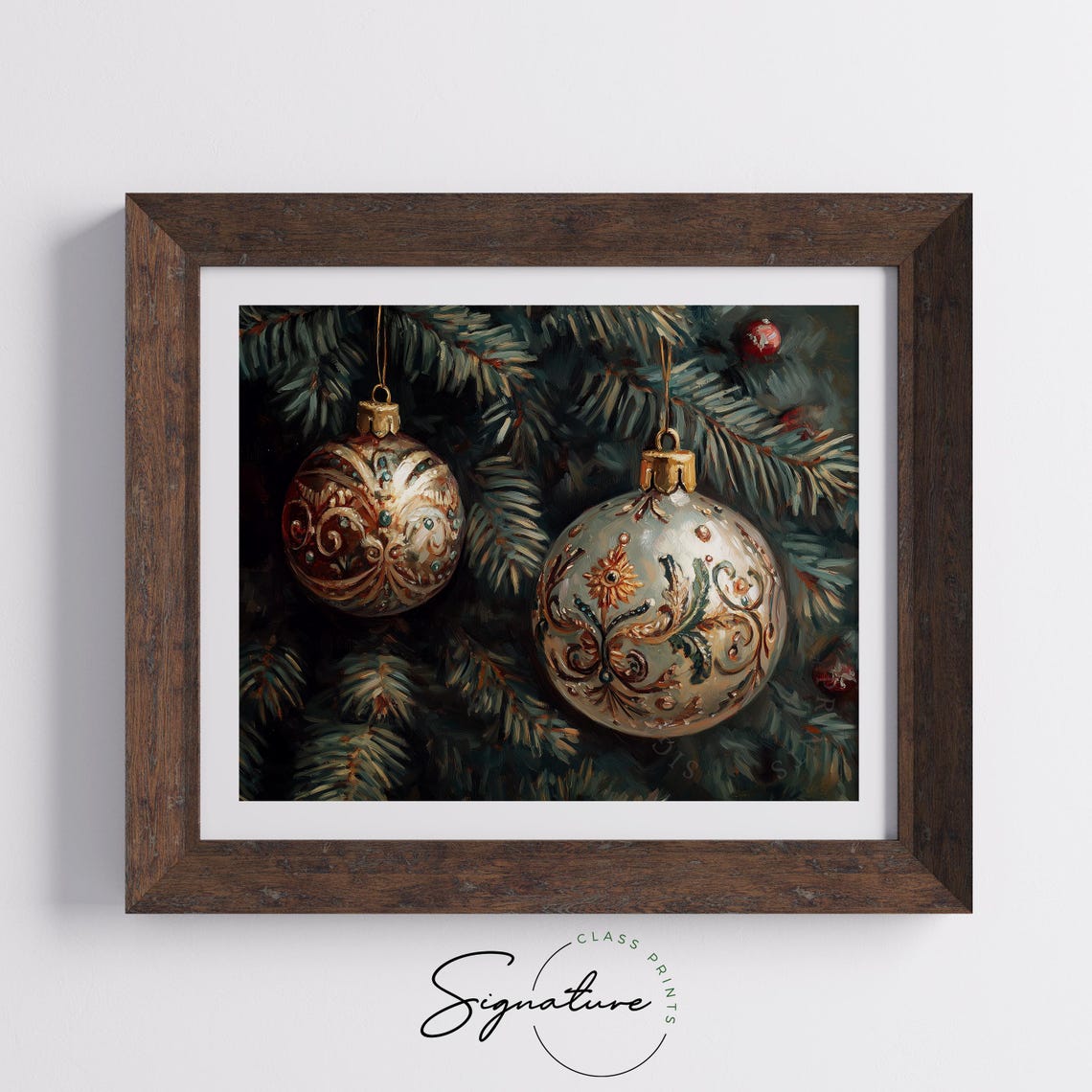 Copper And Sage Ornate Christmas Ornaments On Pine Branch Poster - Image 5