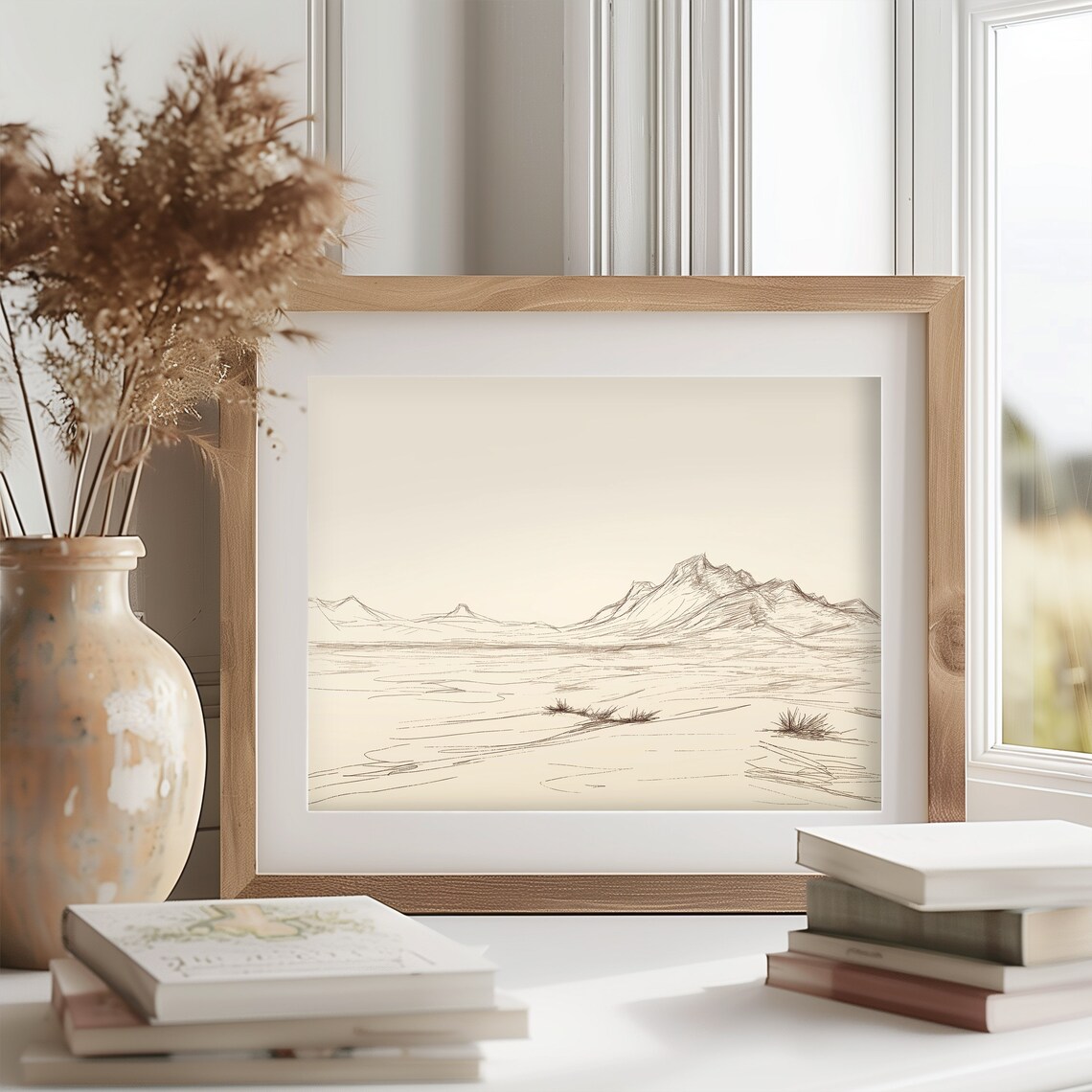 Desert Landscape With Distant Mountains Sketch Tranquil Desert Scene Mountain Range Art Simple Minimalist Wall Decor 840 - Image 2