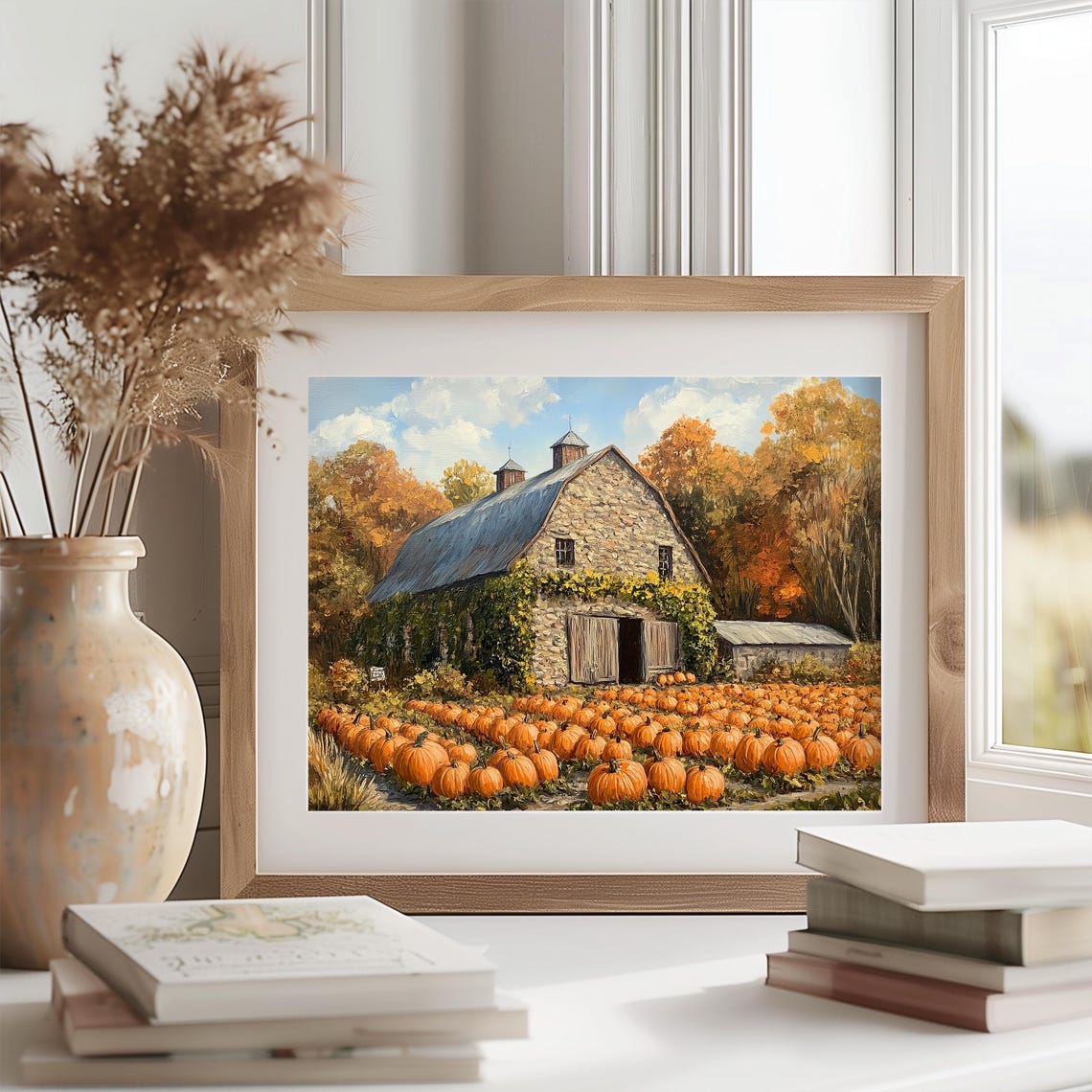 Stone Barn Behind a Bountiful Pumpkin Patch in Golden Autumn Poster - Image 2