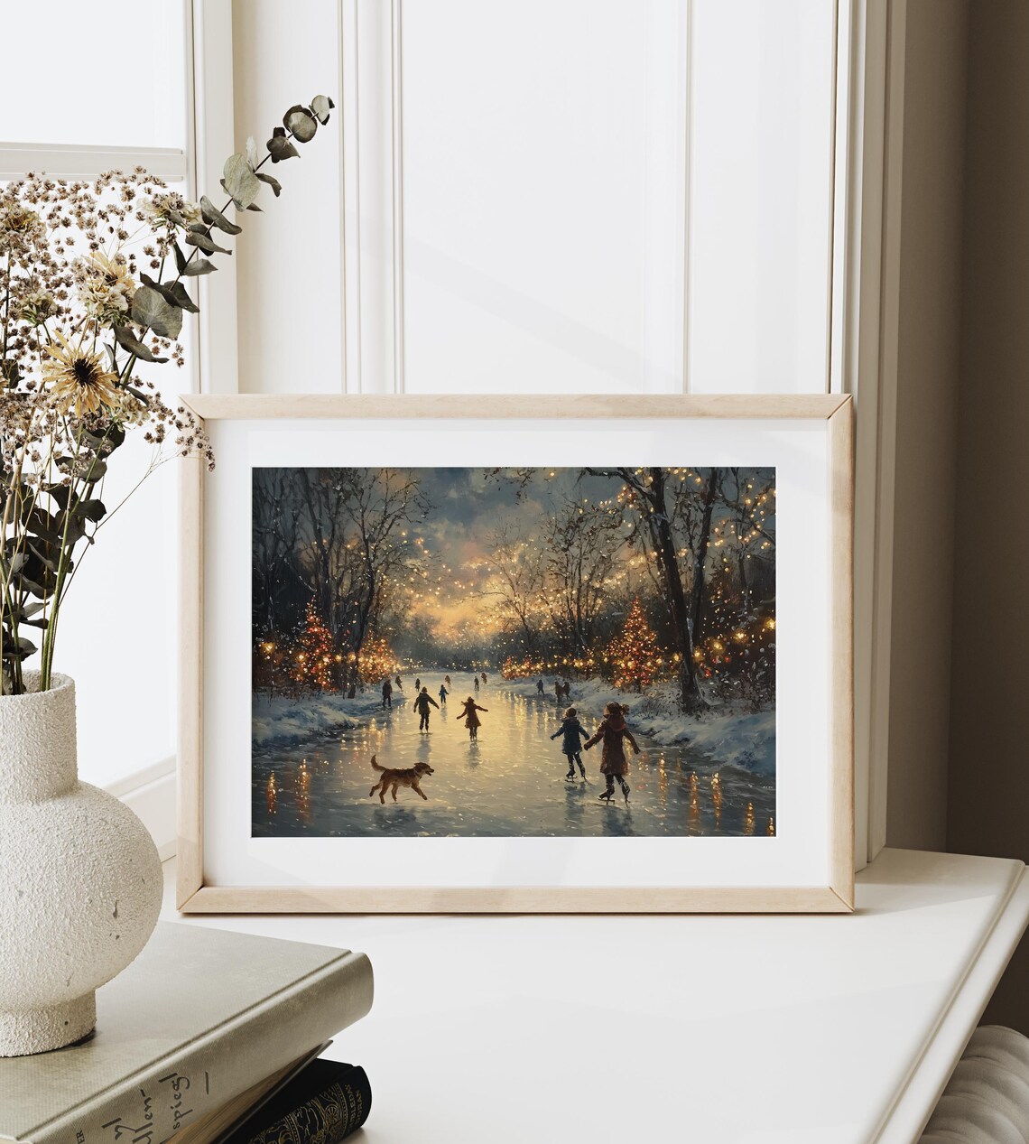 Children And A Dog Skating On A Frozen Lake At Dusk Lights Poster - Image 6