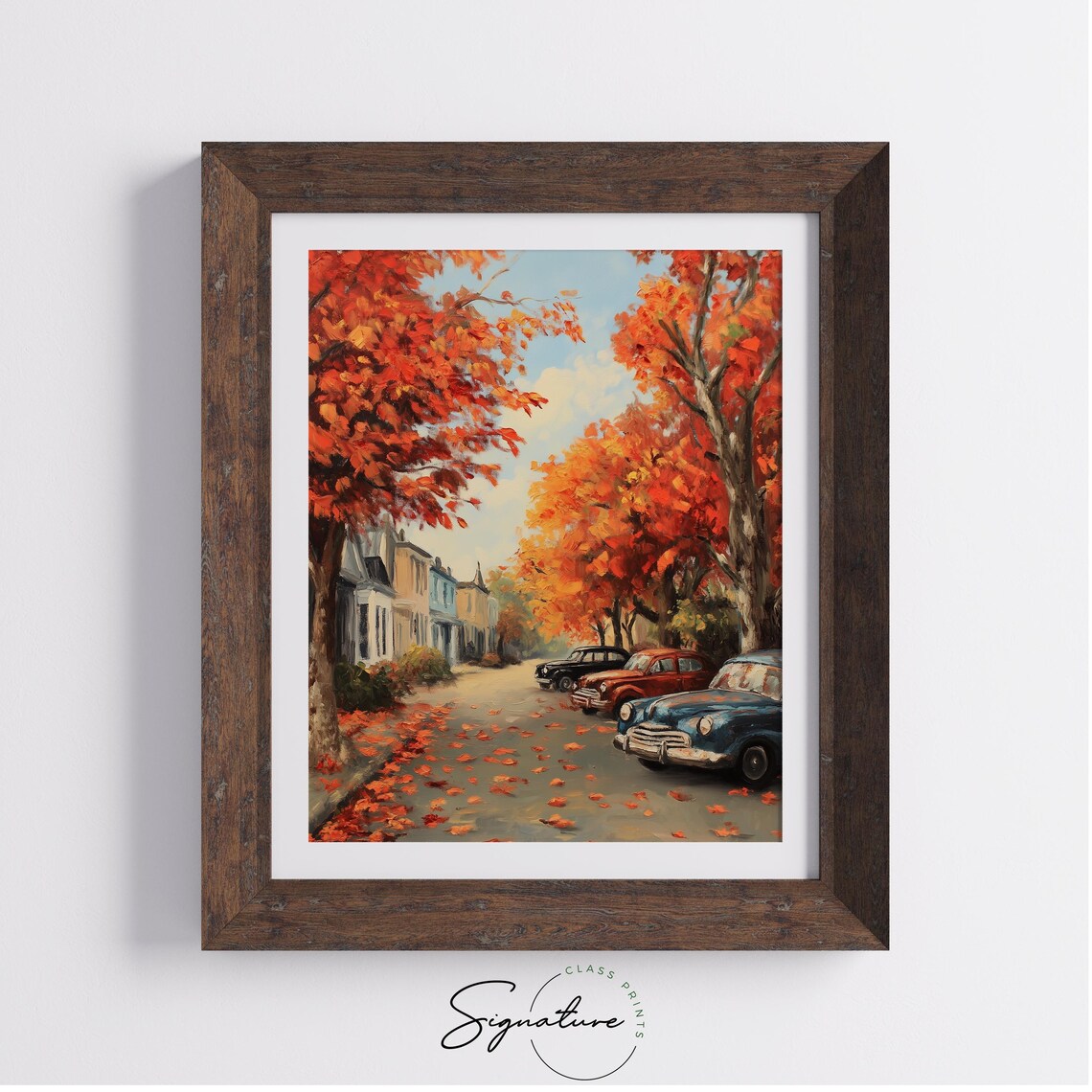 Row of Classic Cars Parked on a Charming Fall Street Painting Poster - Image 4