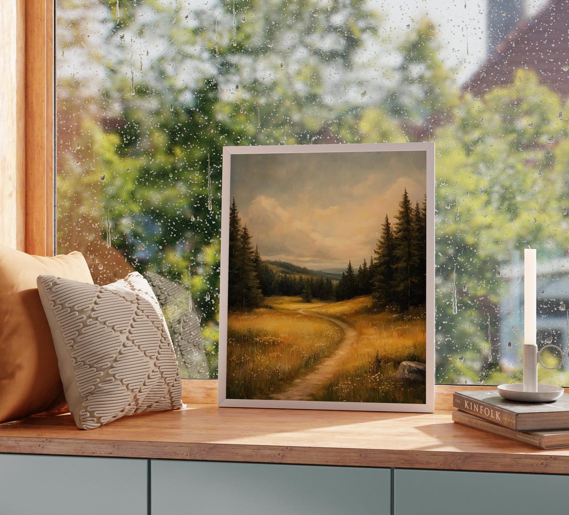 Broad Meadow Path Under Golden Sunlight With Pines Pastoral Art Poster - Image 5