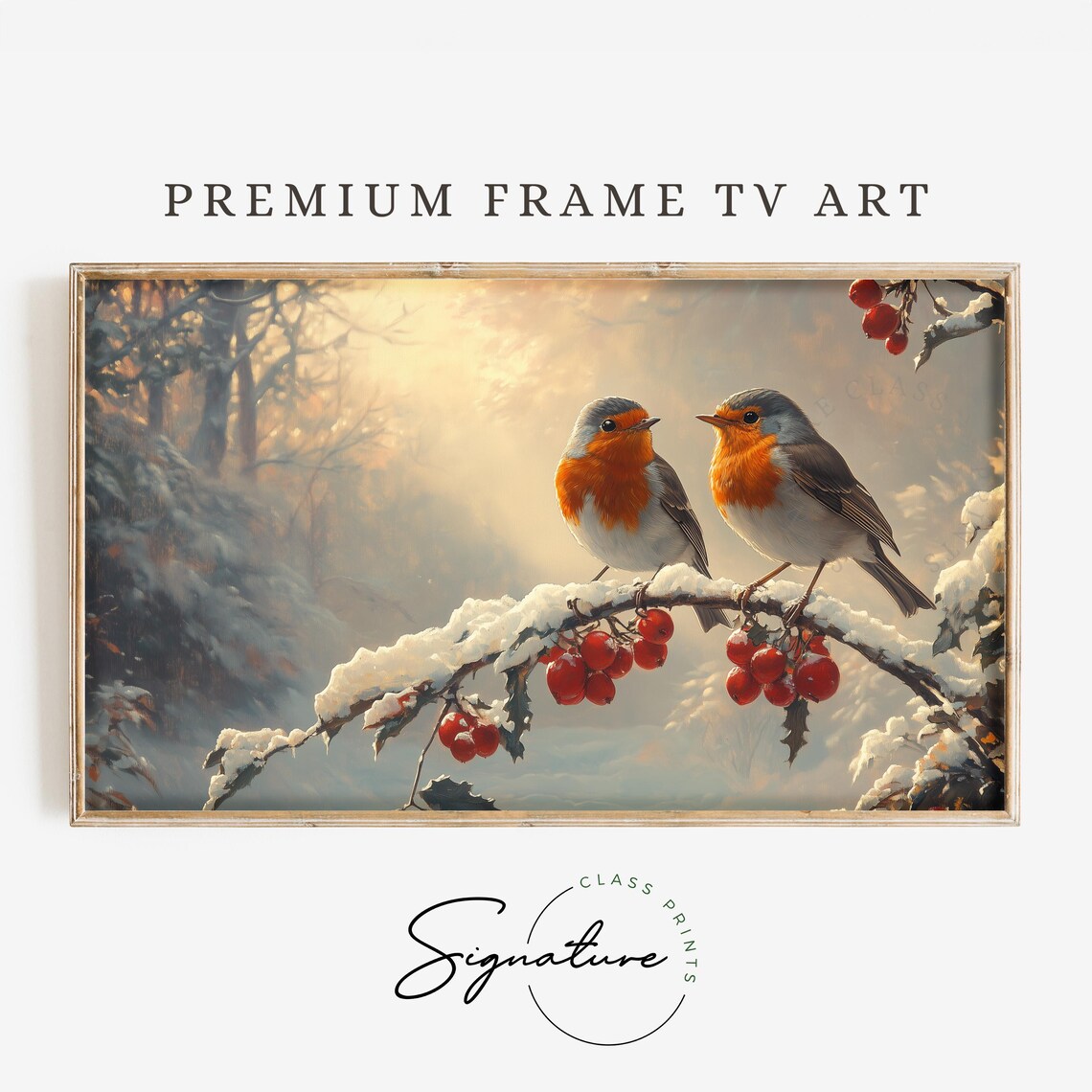 Two Robins on Snowy Holly Branch With Red Berries Christmas Poster