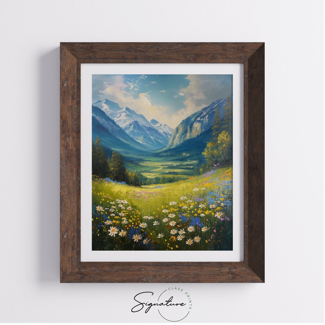 Alpine Meadow Of Daisies Beneath Snowy Peaks Spring Art Poster - Image 4