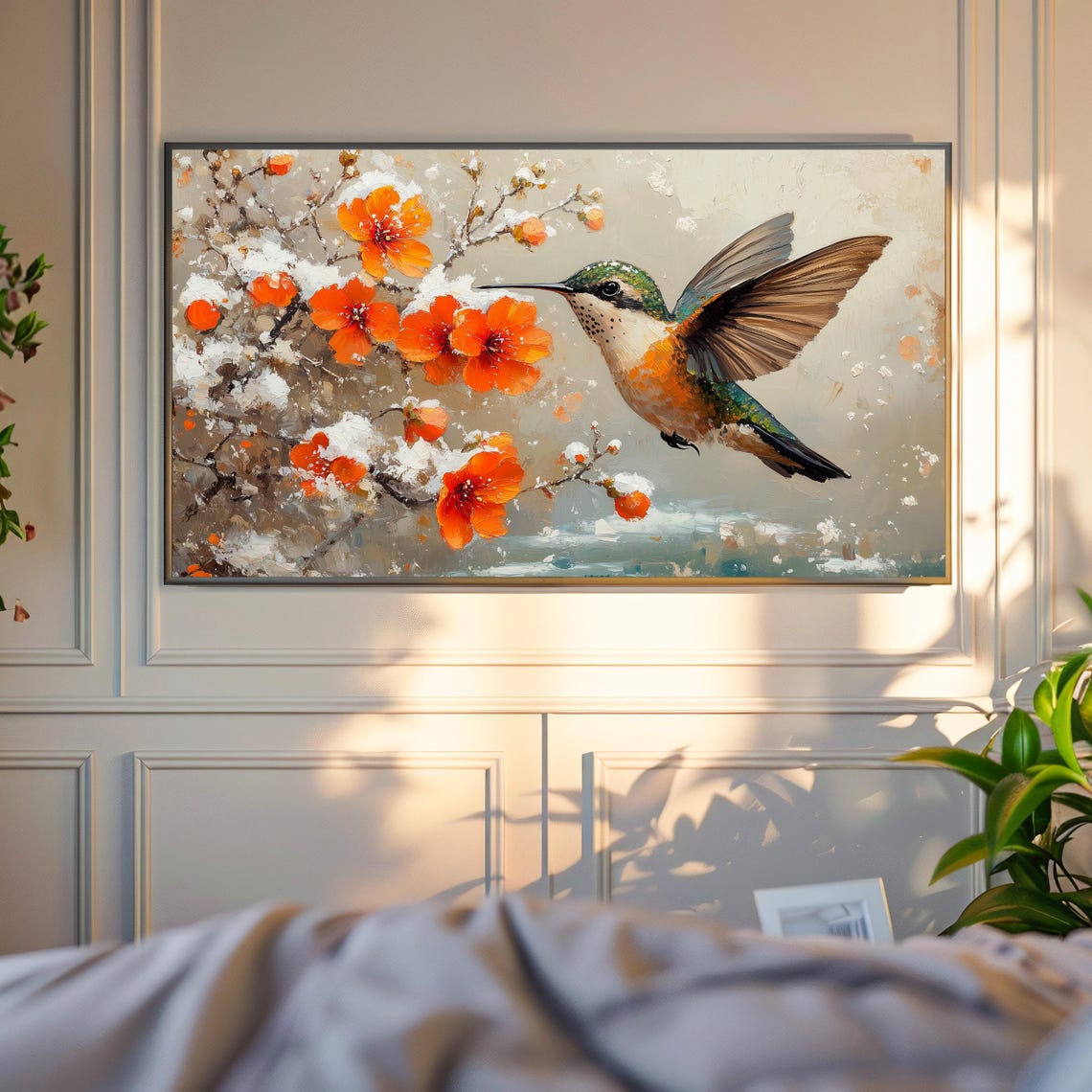 Hummingbird In Flight Near Orange Blossoms Dusted With Snow Poster - Image 4