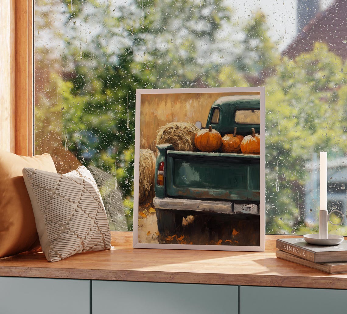 Vintage Green Truck With Pumpkins And Hay Rustic Fall Scene Poster - Image 2
