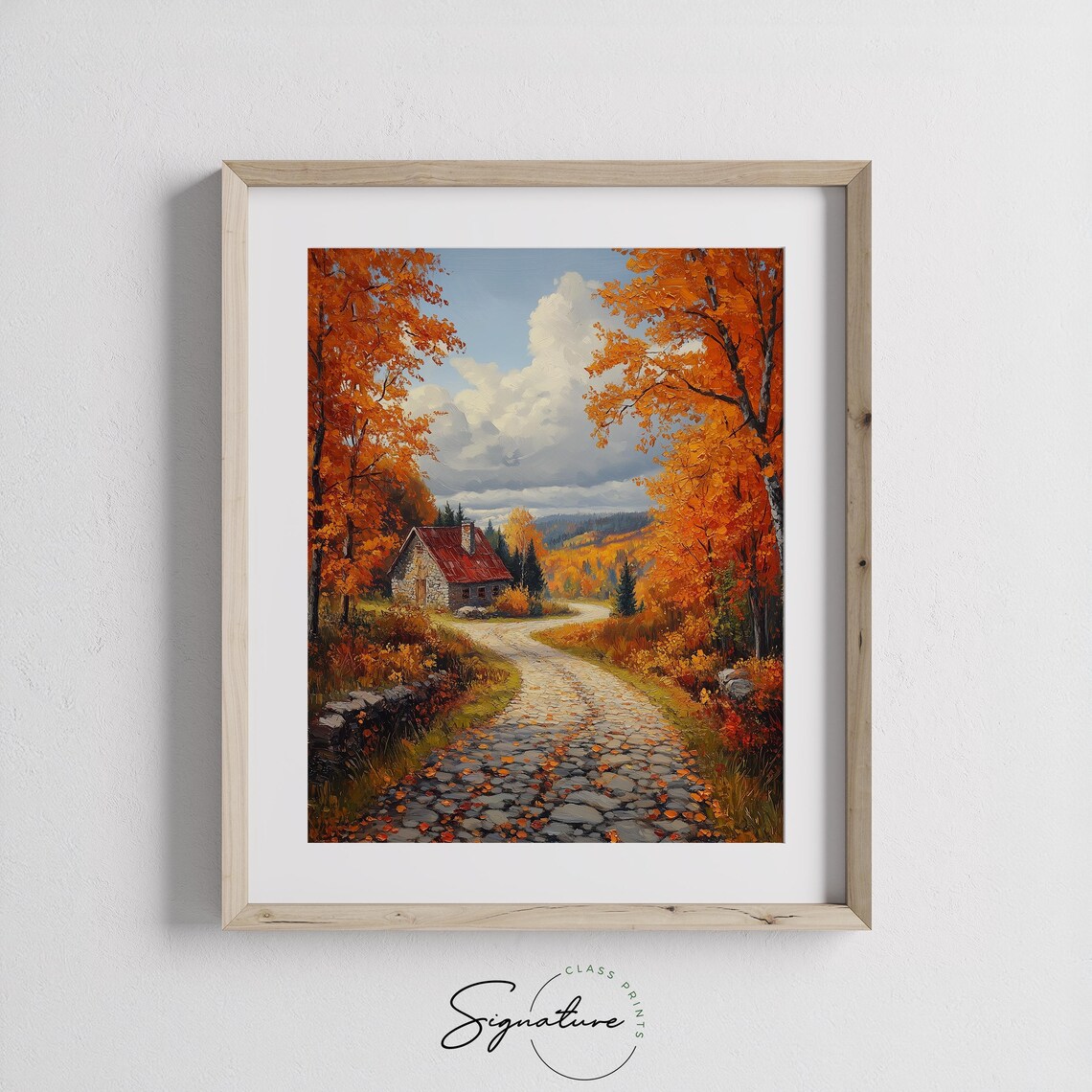 Stone Cottage on Cobblestone Lane Amid Glowing Autumn Woodland Wall Art - Image 3