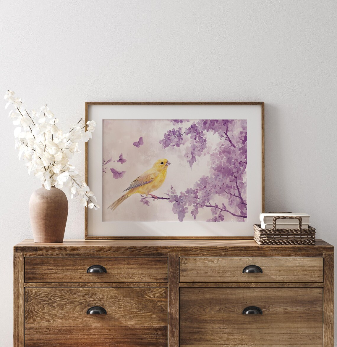Yellow Canary On Lilac Branch With Purple Butterflies Poster - Image 2