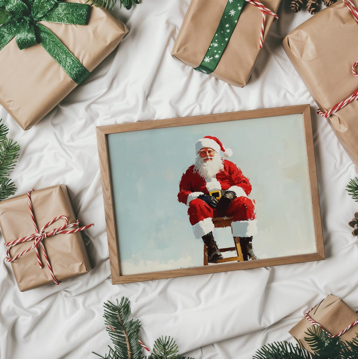 Santa Claus Seated Portrait Teal Background Painterly Holiday Poster - Image 2