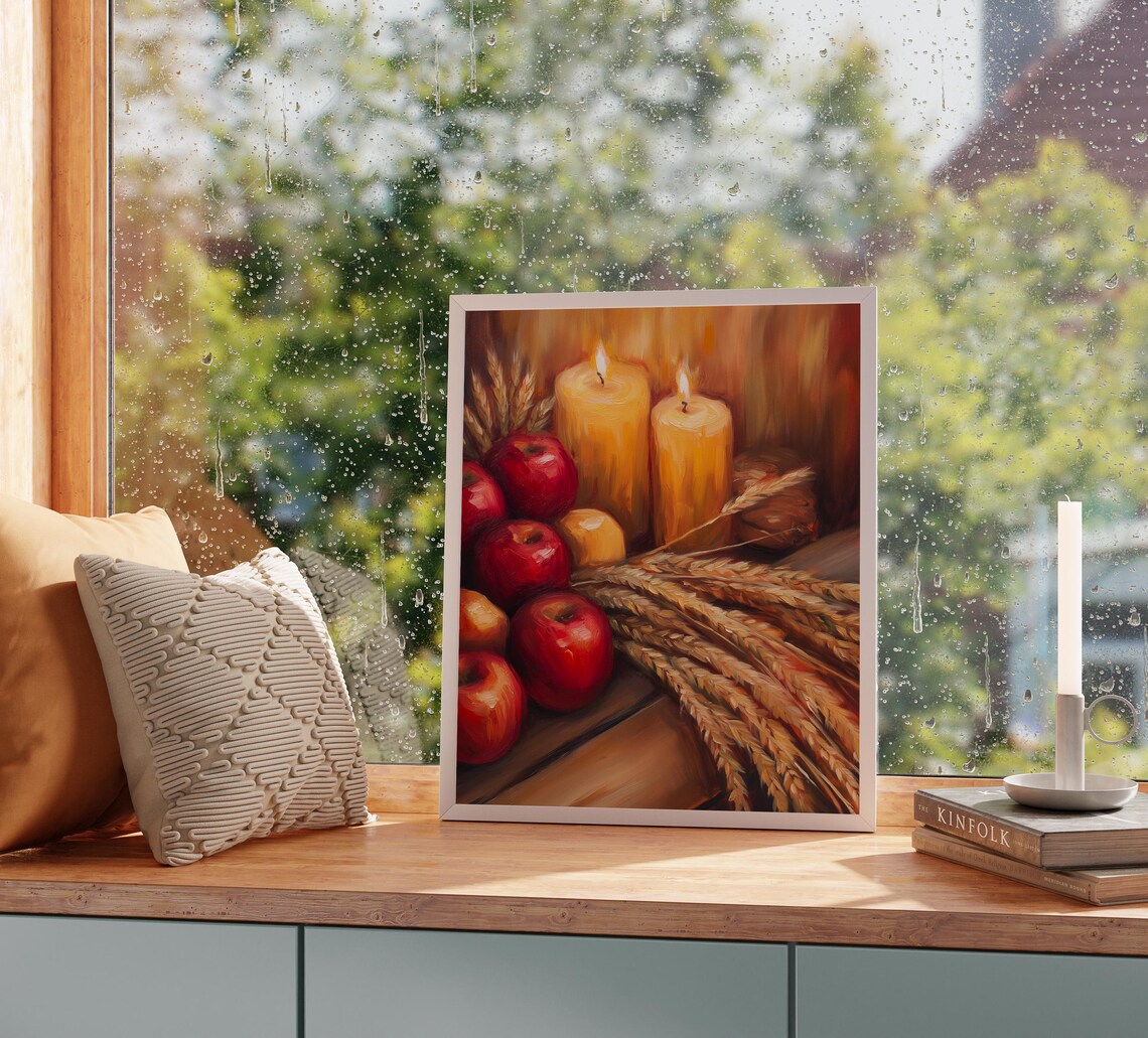 Cozy Autumn Still Life with Red Apples Wheat Sheaves and Candles Poster - Image 2