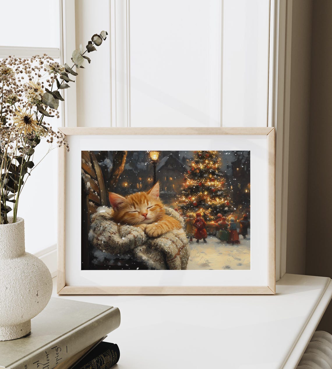 Sleeping Ginger Kitten on Snowy Blanket by Lit Christmas Tree Poster - Image 6