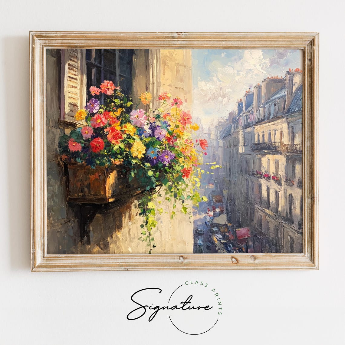 Parisian Balcony Flower Box Overlooking Old Paris Street Travel Poster