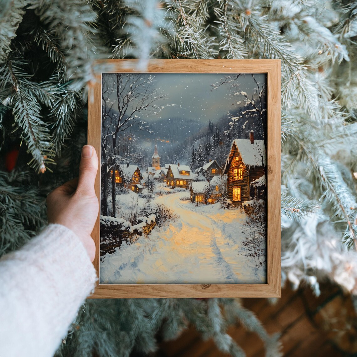Winter Village Street With Falling Snow Art Print - Image 6