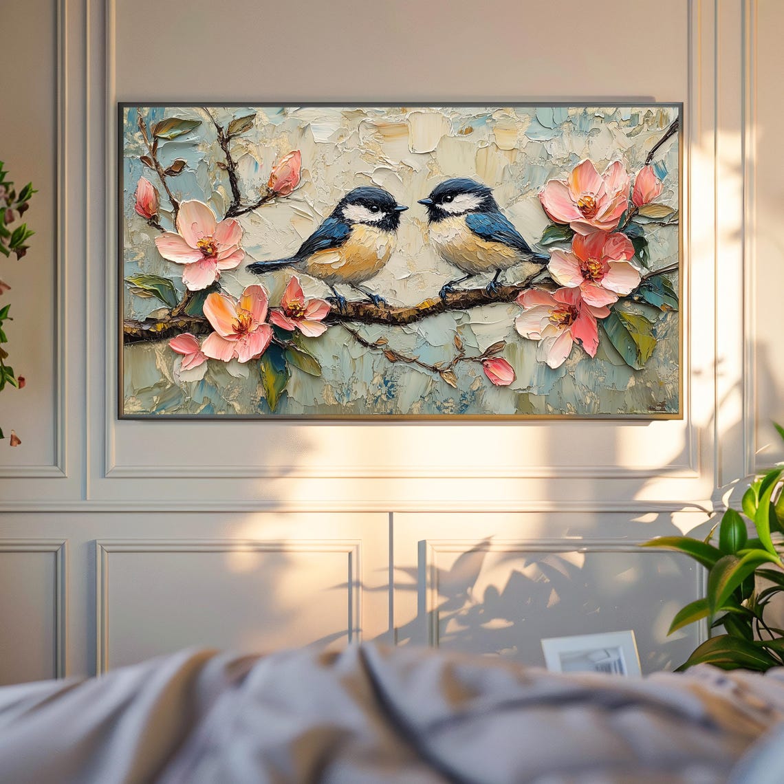 Two Chickadee Birds On Cherry Blossom Branch Impasto Art Poster - Image 4