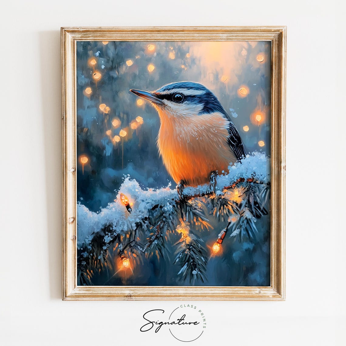 Nuthatch On Snowy Branch With Christmas Lights Festive Bird Poster