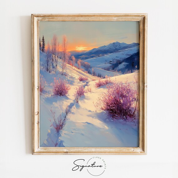 Pastel Sunrise Over Snowy Hills with Pink Bushes Winter Poster