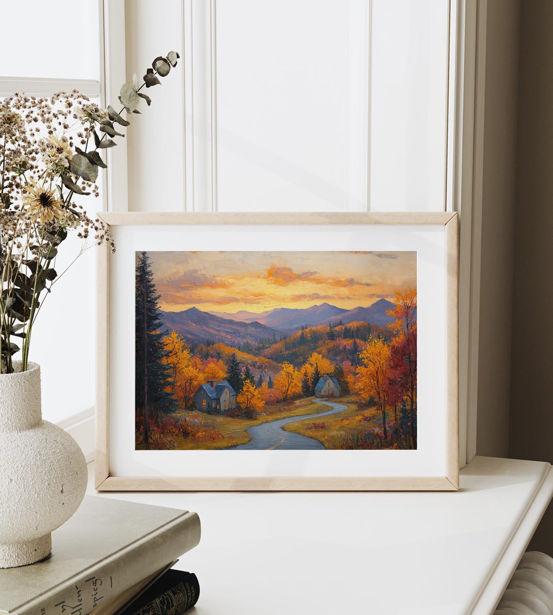 Autumn Mountain Road Sunset Cabins Oil Painting Landscape Poster - Image 6