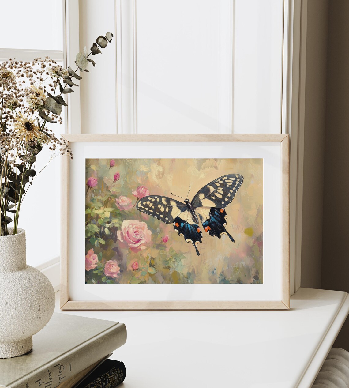 Swallowtail Butterfly Over Pink Roses Vintage Insect Floral Wall Art - Image 6