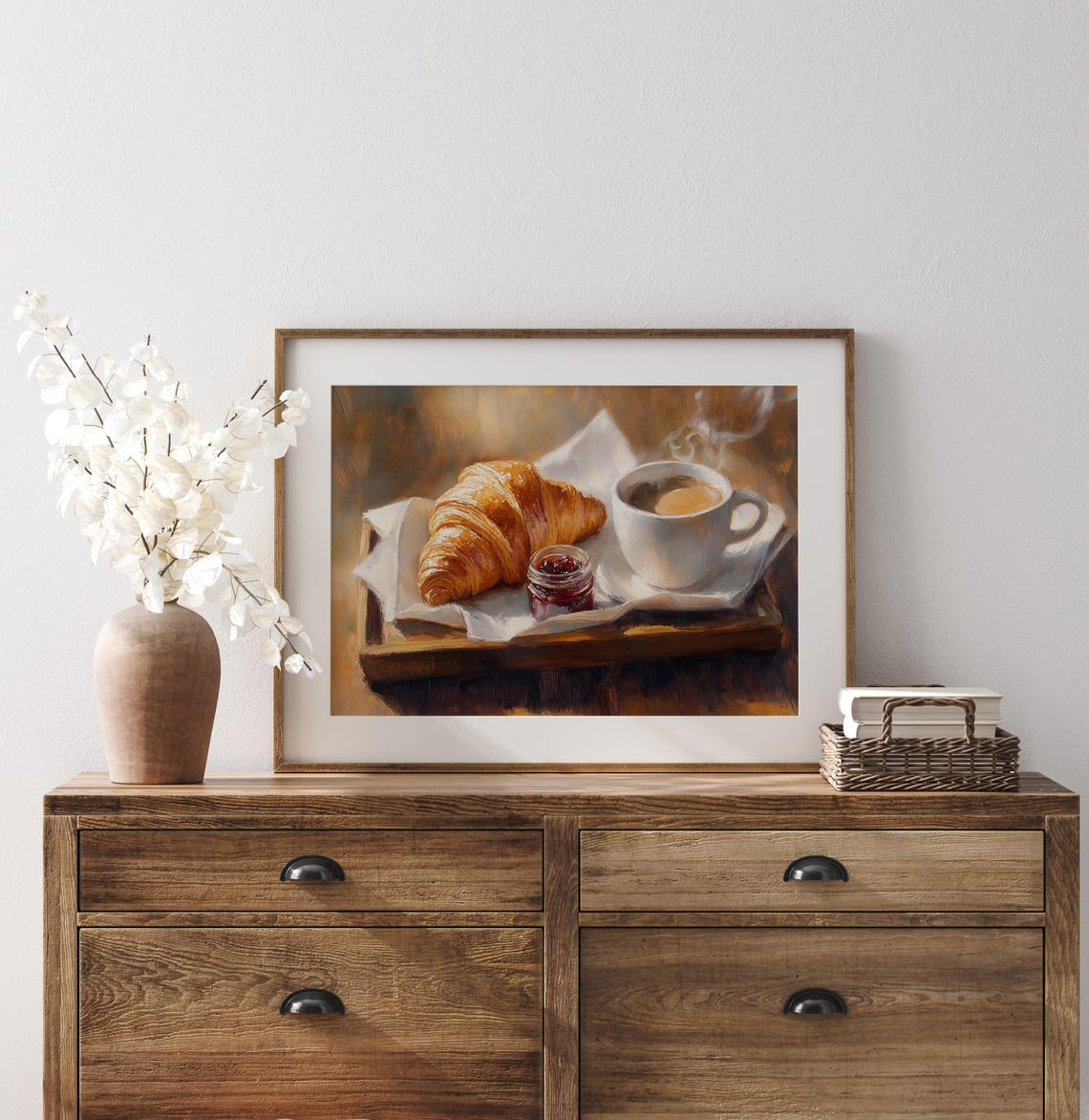 Croissant Coffee And Jam Rustic Breakfast Still Life Painting Wall Art - Image 3