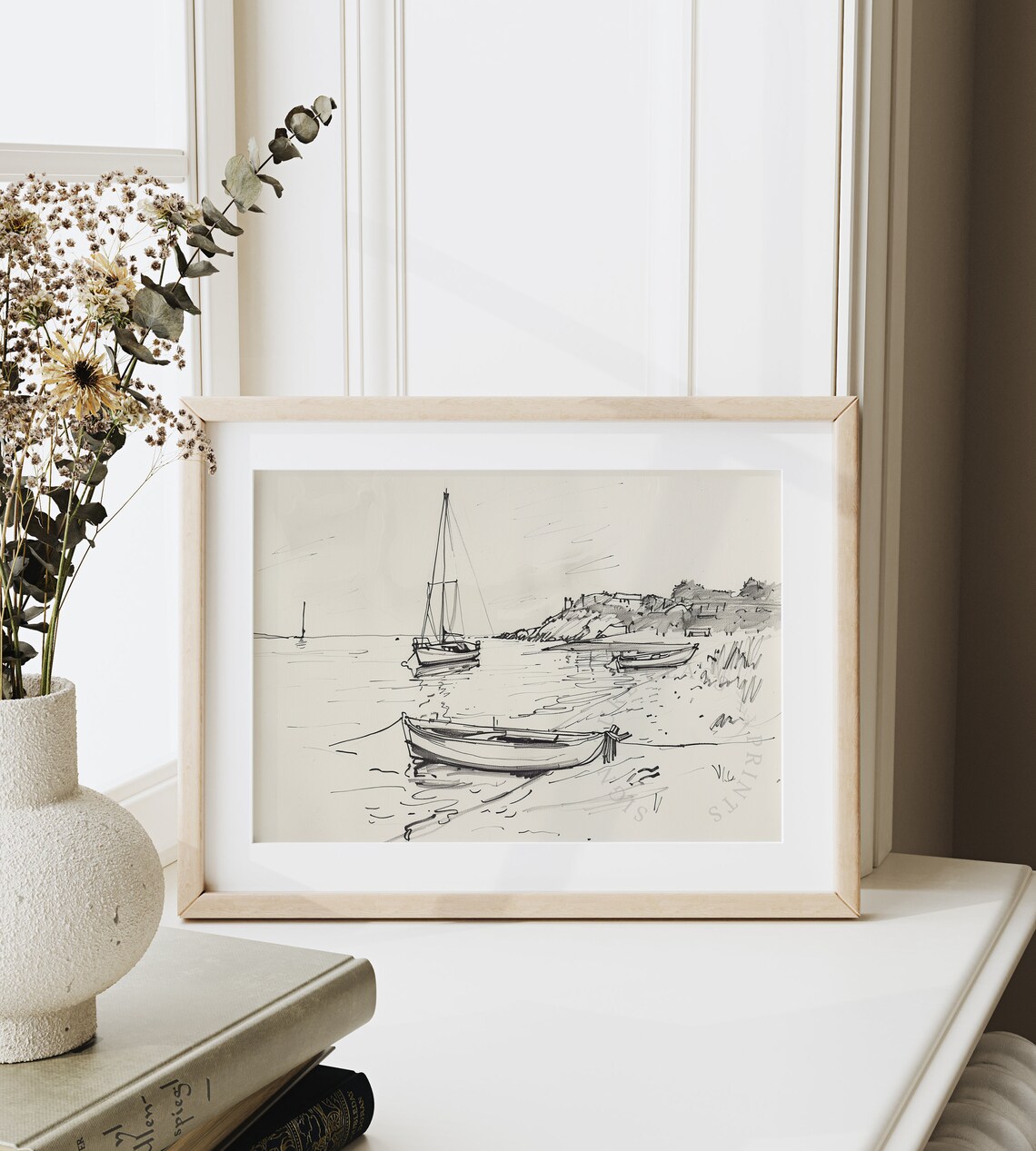Quiet Cove Sailboats Drifting Boats Ink Line Coastal Sketch Poster - Image 6