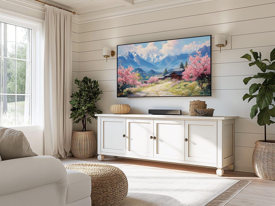 Cherry Blossom Village And Snowy Peaks Spring Frame TV Wall Art - Image 5
