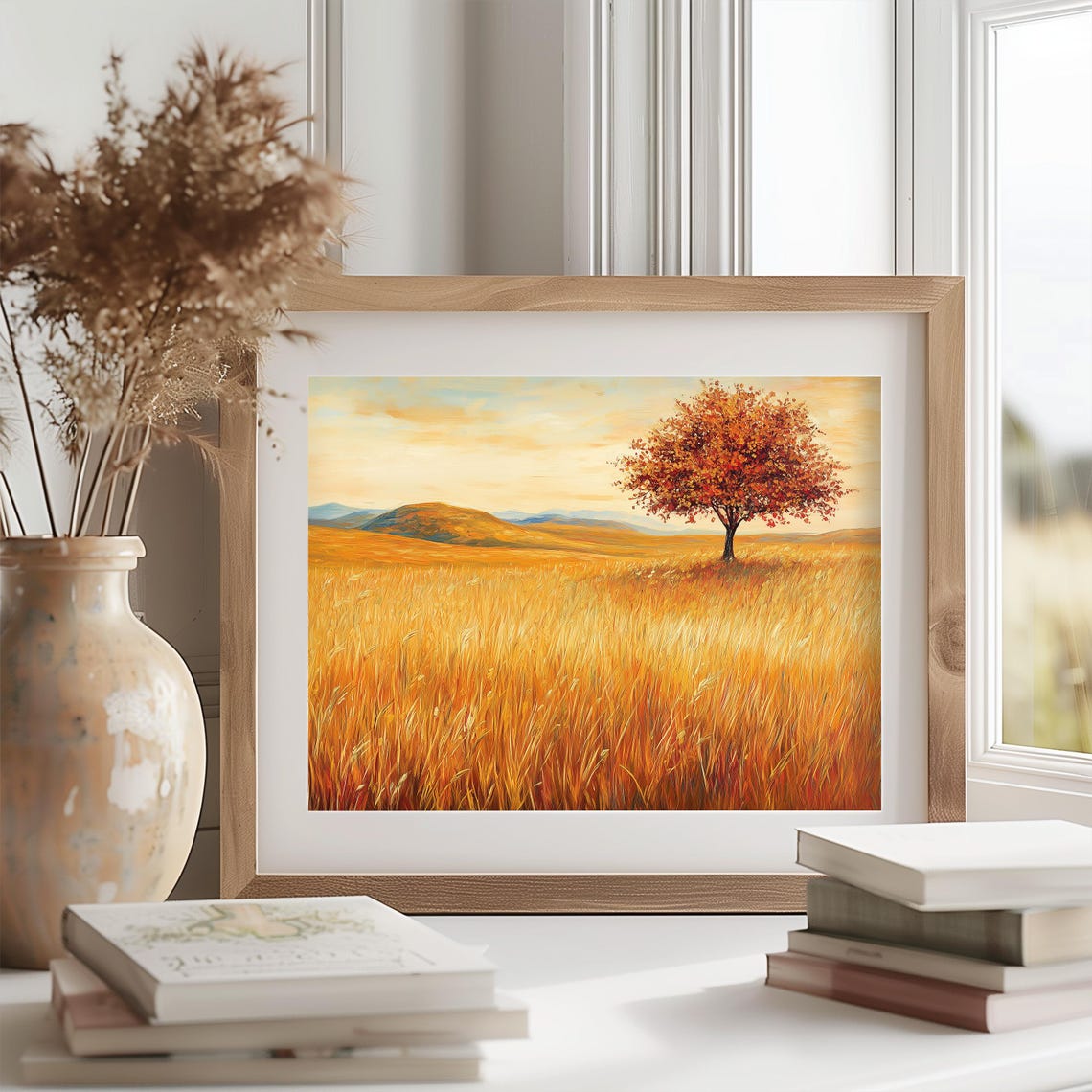 Lone Autumn Tree Standing In Golden Wheat Field Hills Poster - Image 2