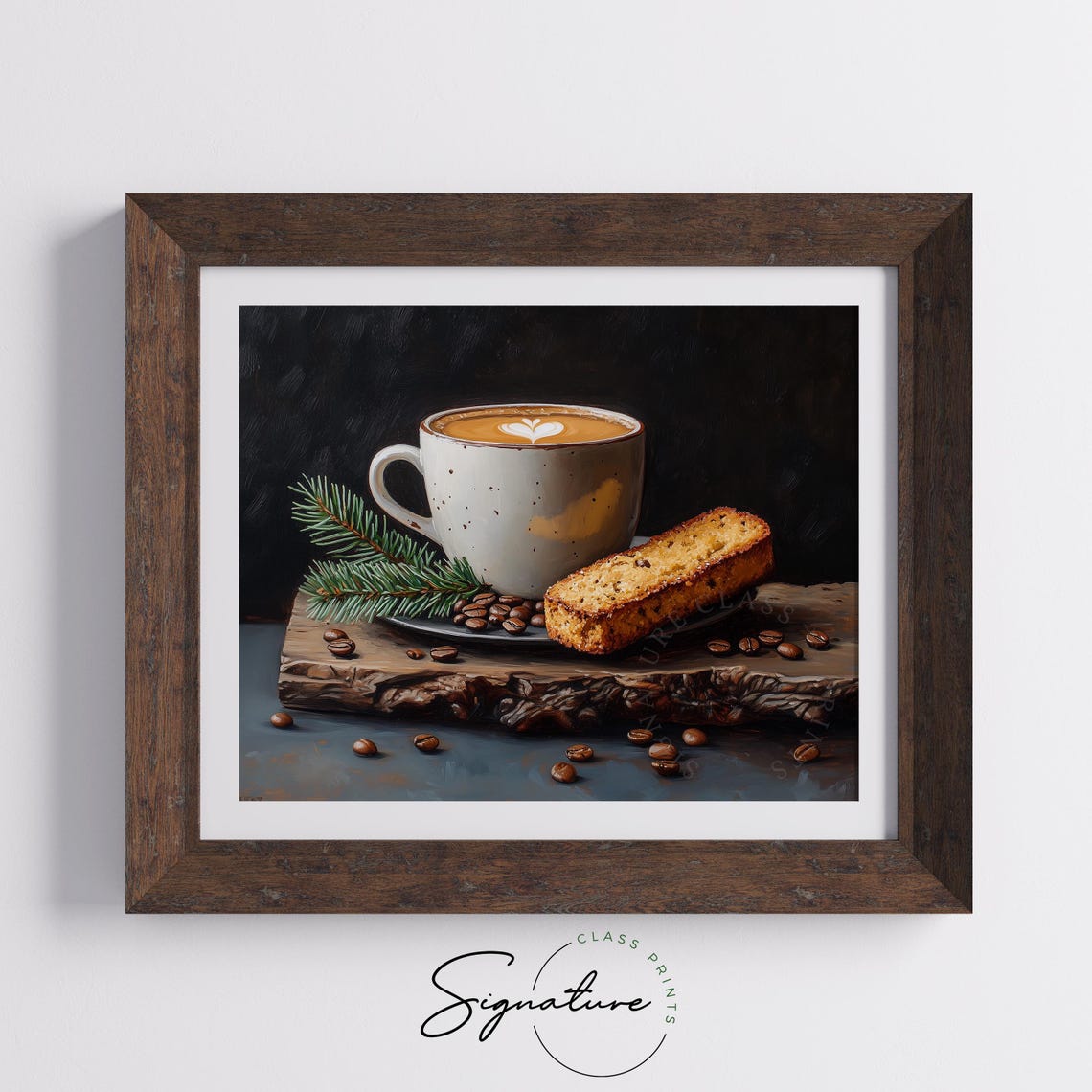 Latte Art Coffee Cup With Biscotti And Pine Sprig Kitchen Poster - Image 5