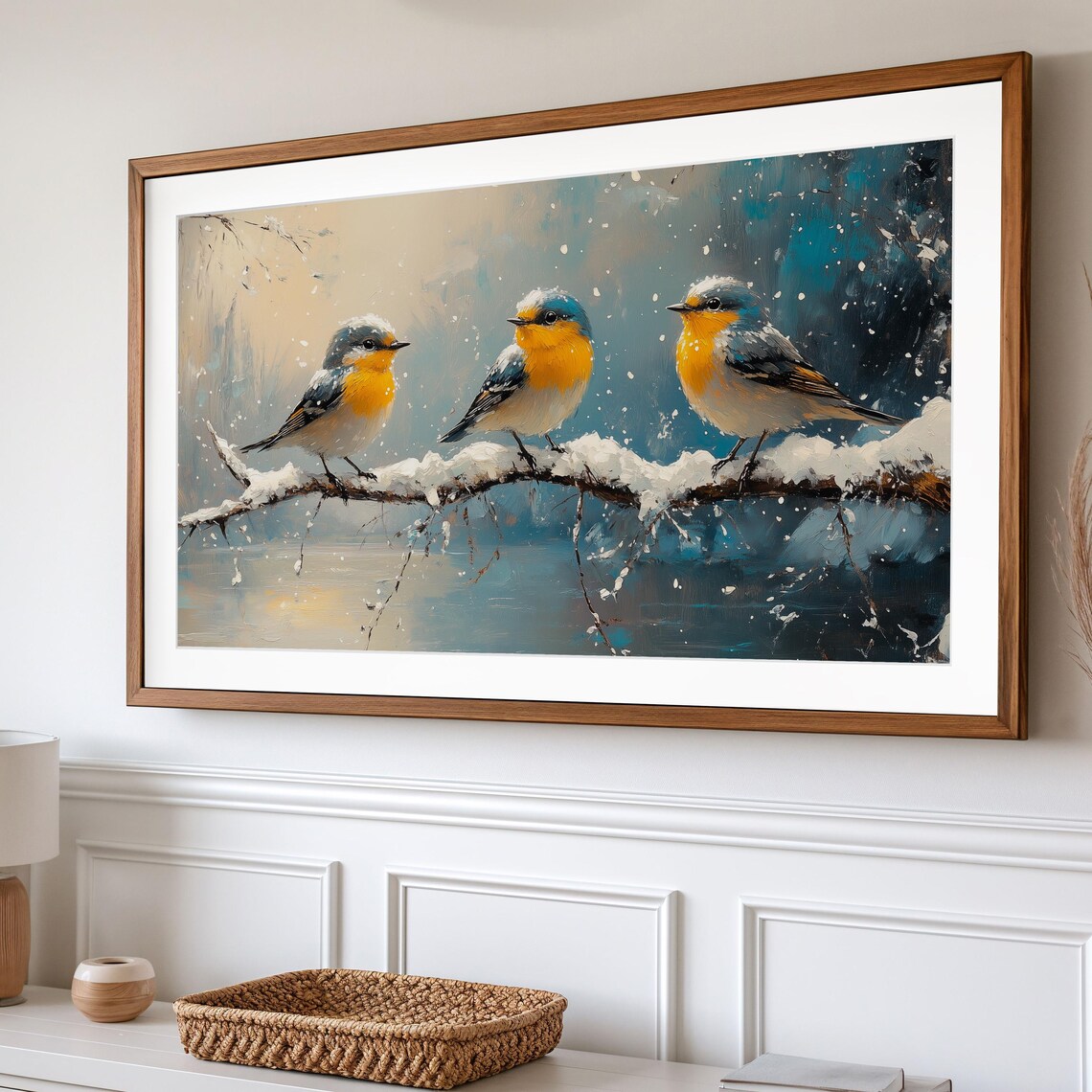 Snowy Perch Bluebirds Trio Winter Birds Yellow Breasts Falling Snow Poster - Image 2