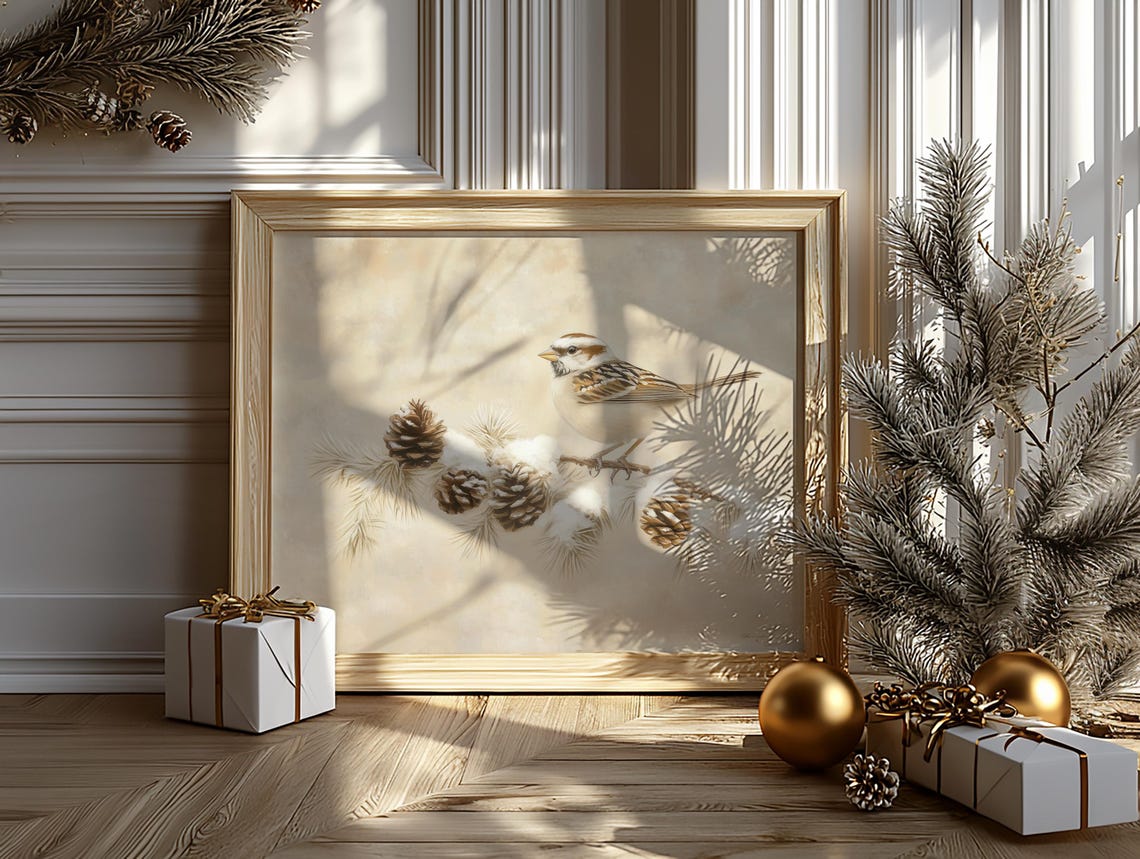 White Crowned Sparrow Perched On Snowy Pine Branch Winter Print - Image 6