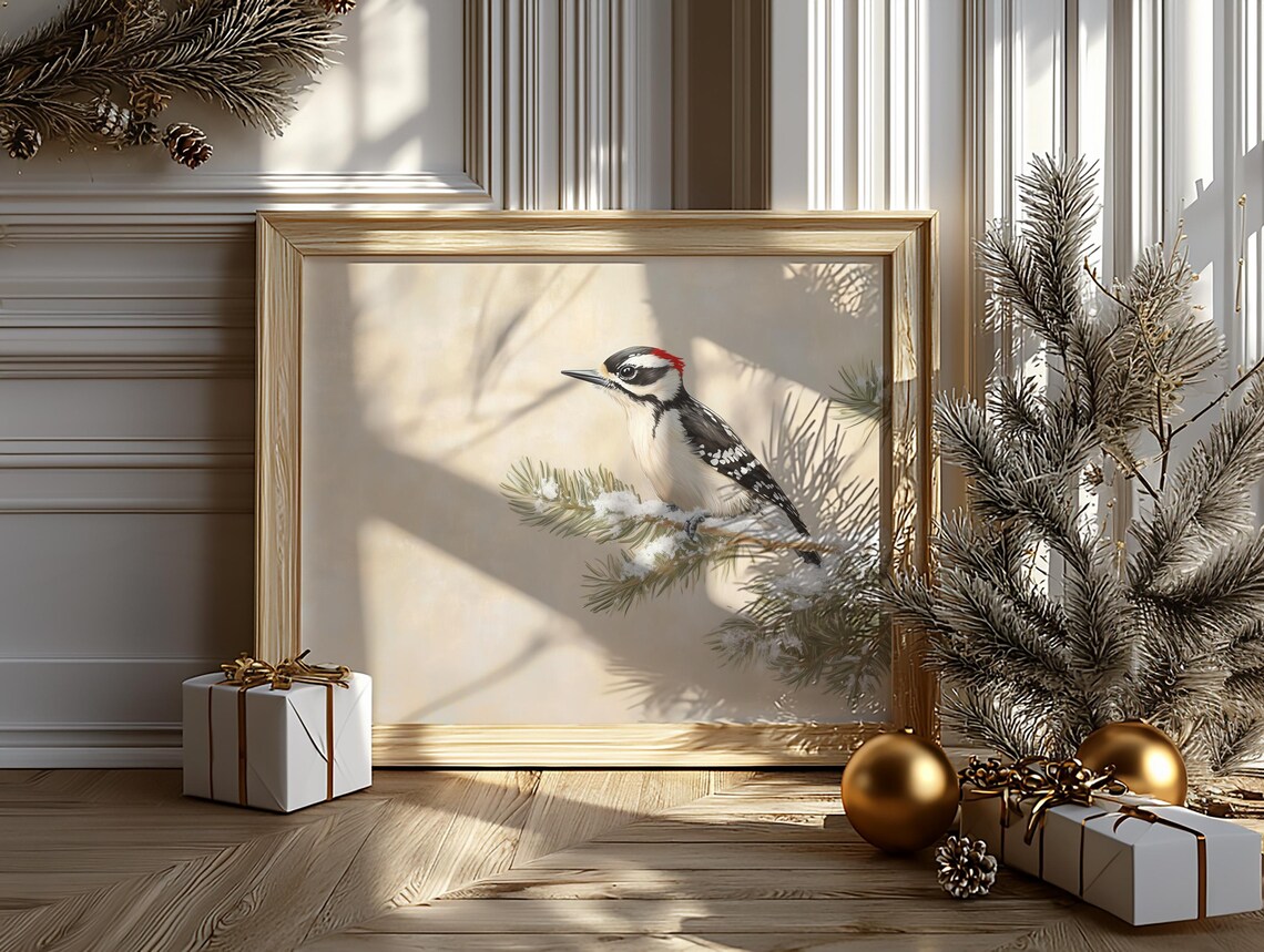 Detailed Downy Woodpecker On Snowy Pine Branch Vintage Bird Poster - Image 6