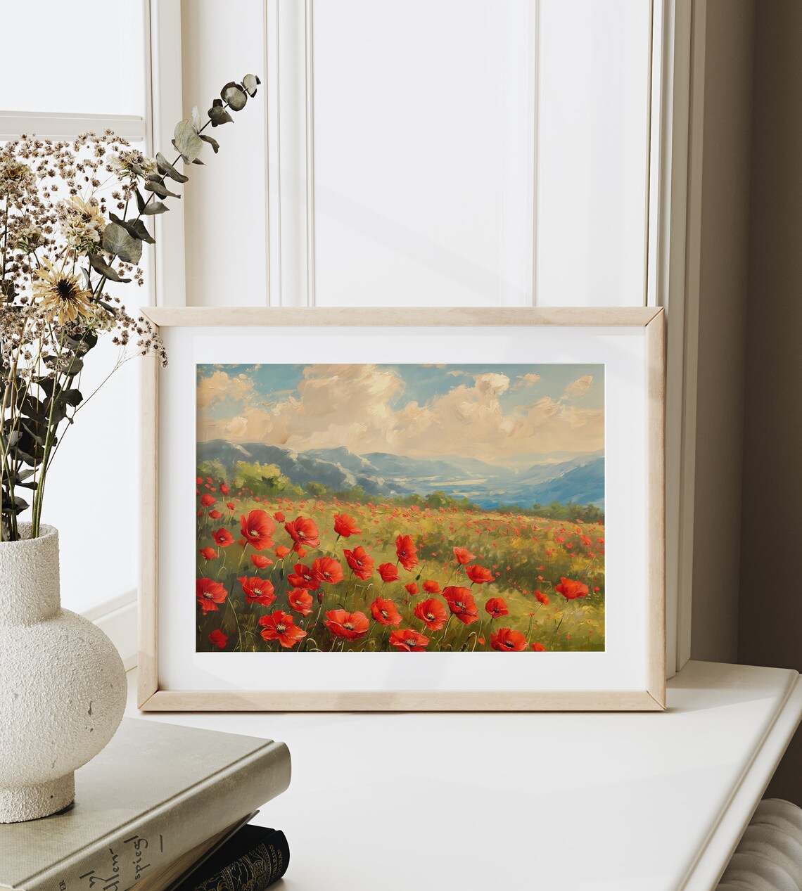 Red Poppy Field Oil Painting with Mountains and Cloudy Sky Poster - Image 6
