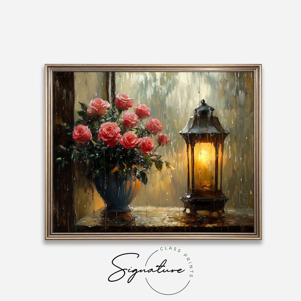 Roses by Rainy Window Glowing Lantern Moody Romantic Floral Art Poster - Image 2