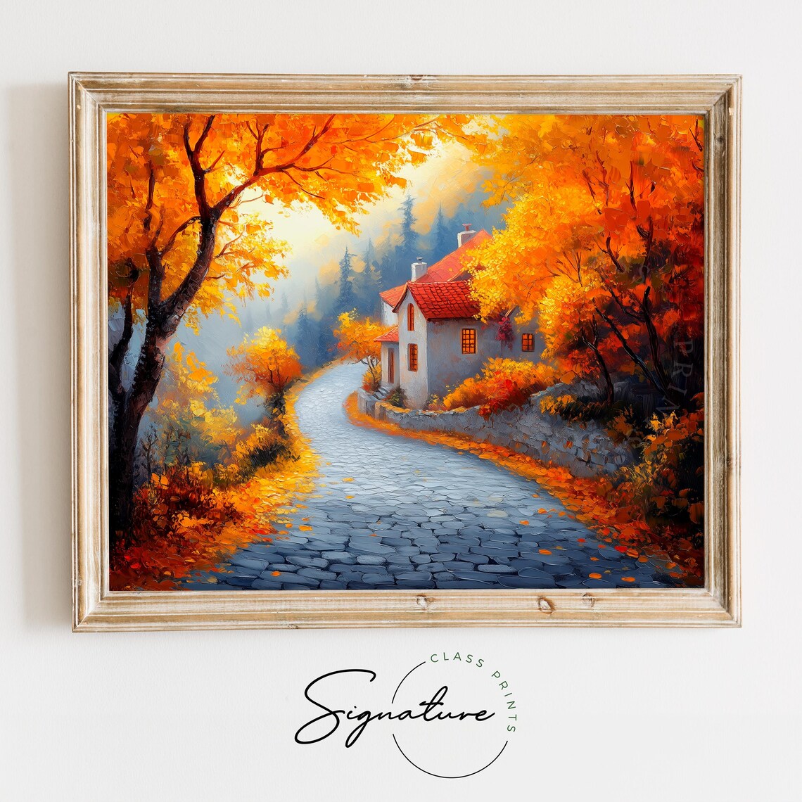 Cobblestone Village Road Curving To Golden Hills House Autumn Poster
