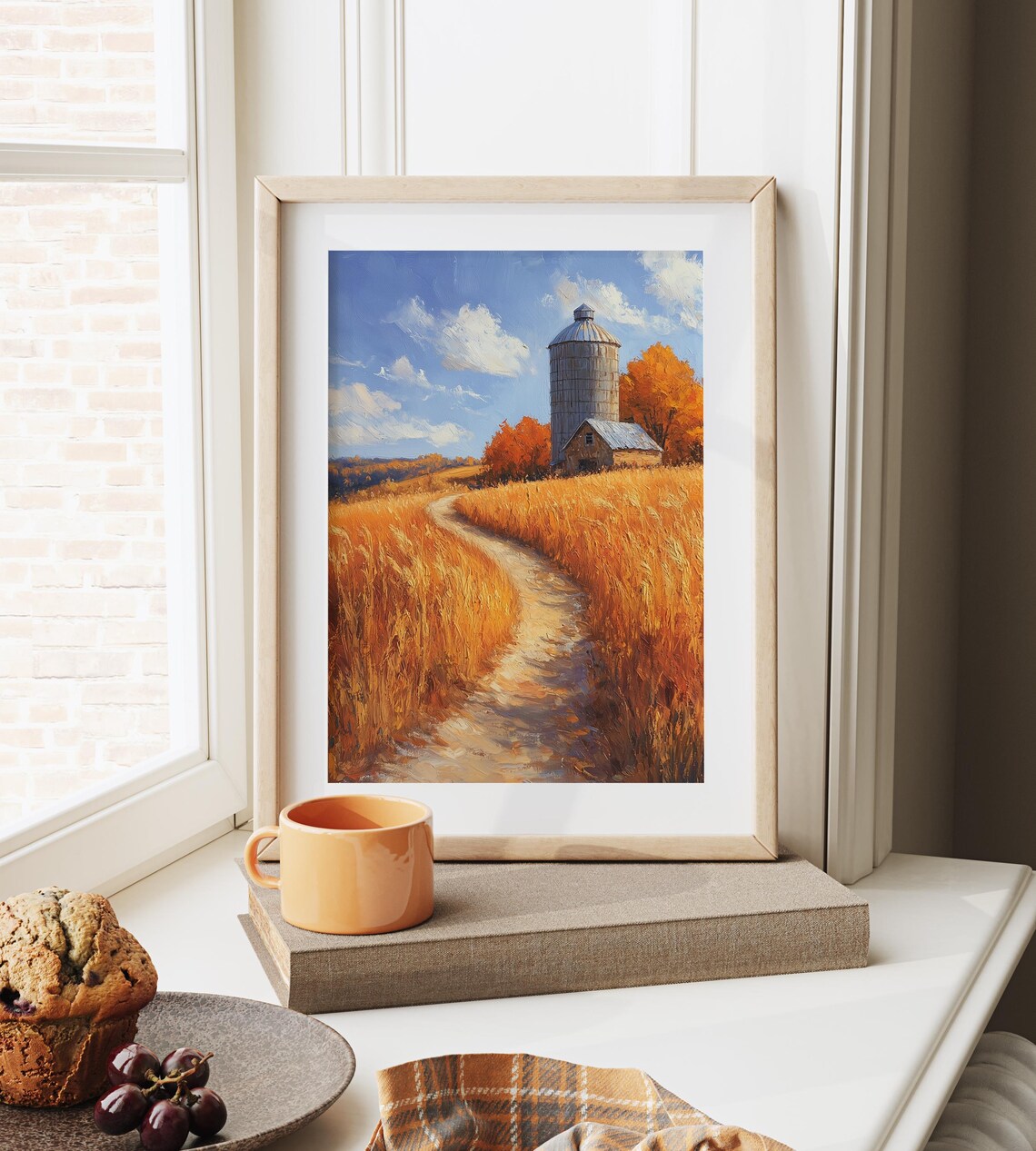 Golden Wheat Field With Old Silo and Barn Under Bright Autumn Sky Wall Art - Image 6