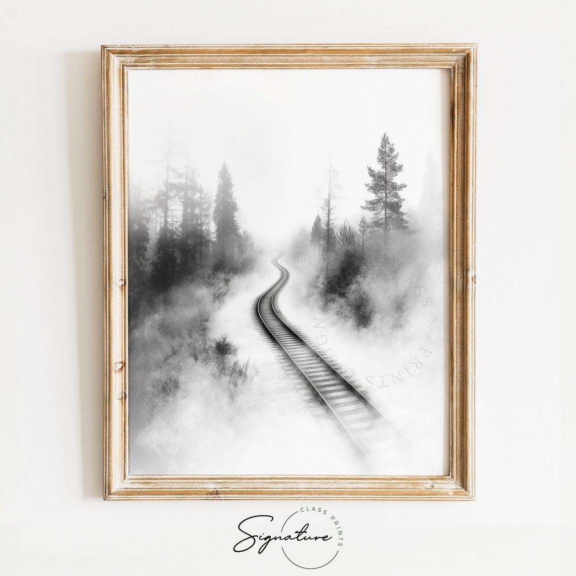 Old Railway Tracks Curving Through A Foggy Forest Misty Poster