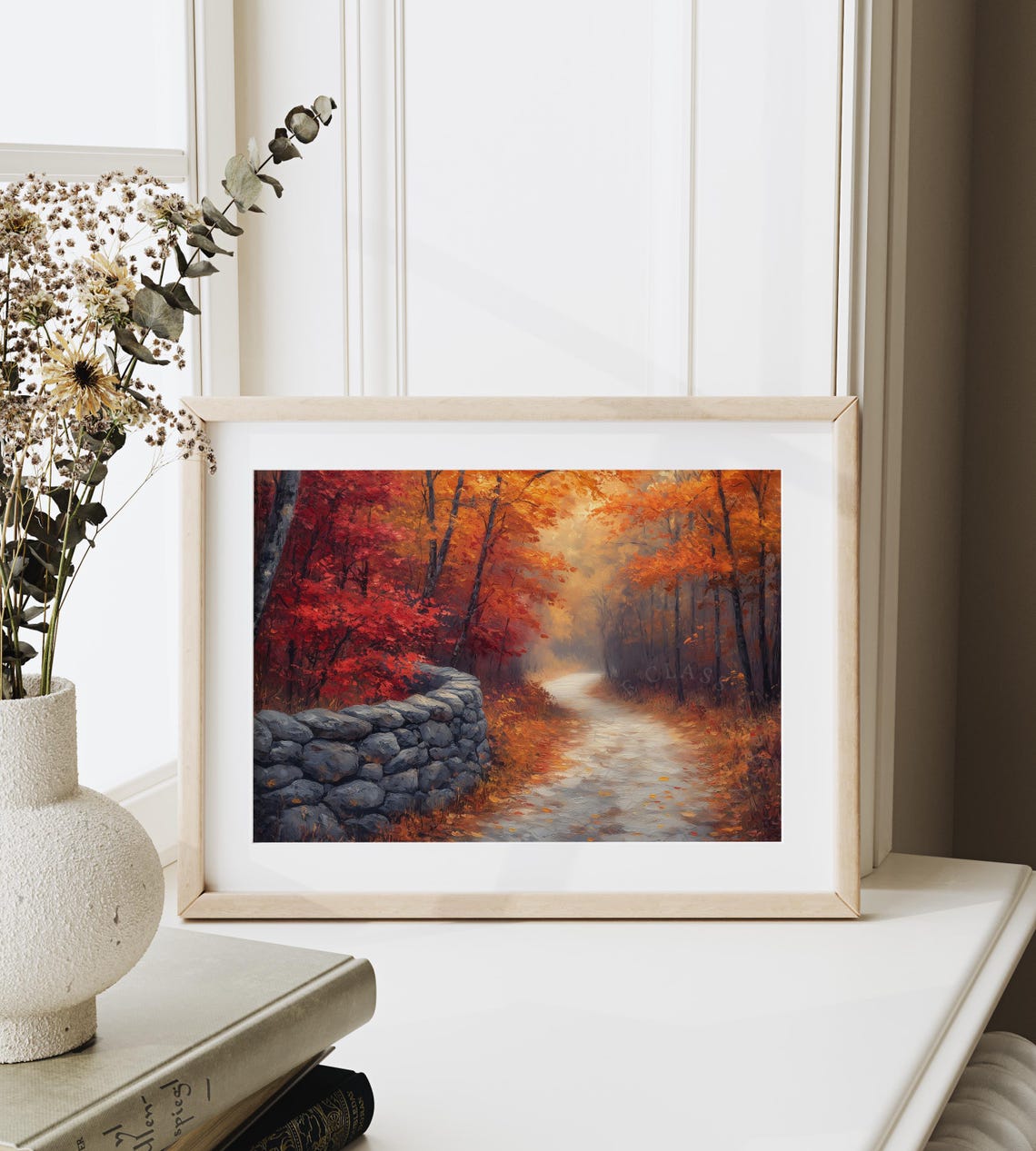 Misty Autumn Lane With Old Stone Wall Beneath Flaming Red Trees Poster - Image 6