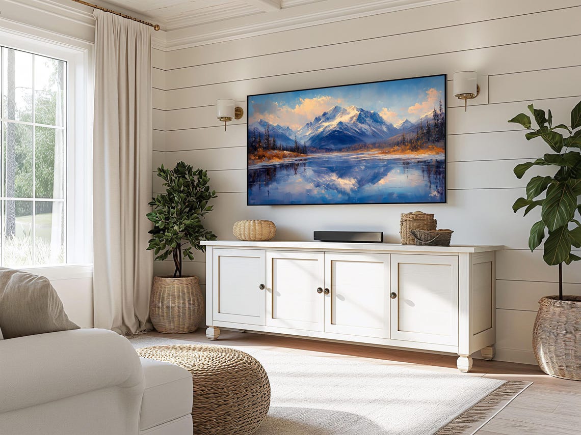Snowy Peaks Reflected In Lake At Warm Autumn Dawn Mountain Art Poster - Image 3