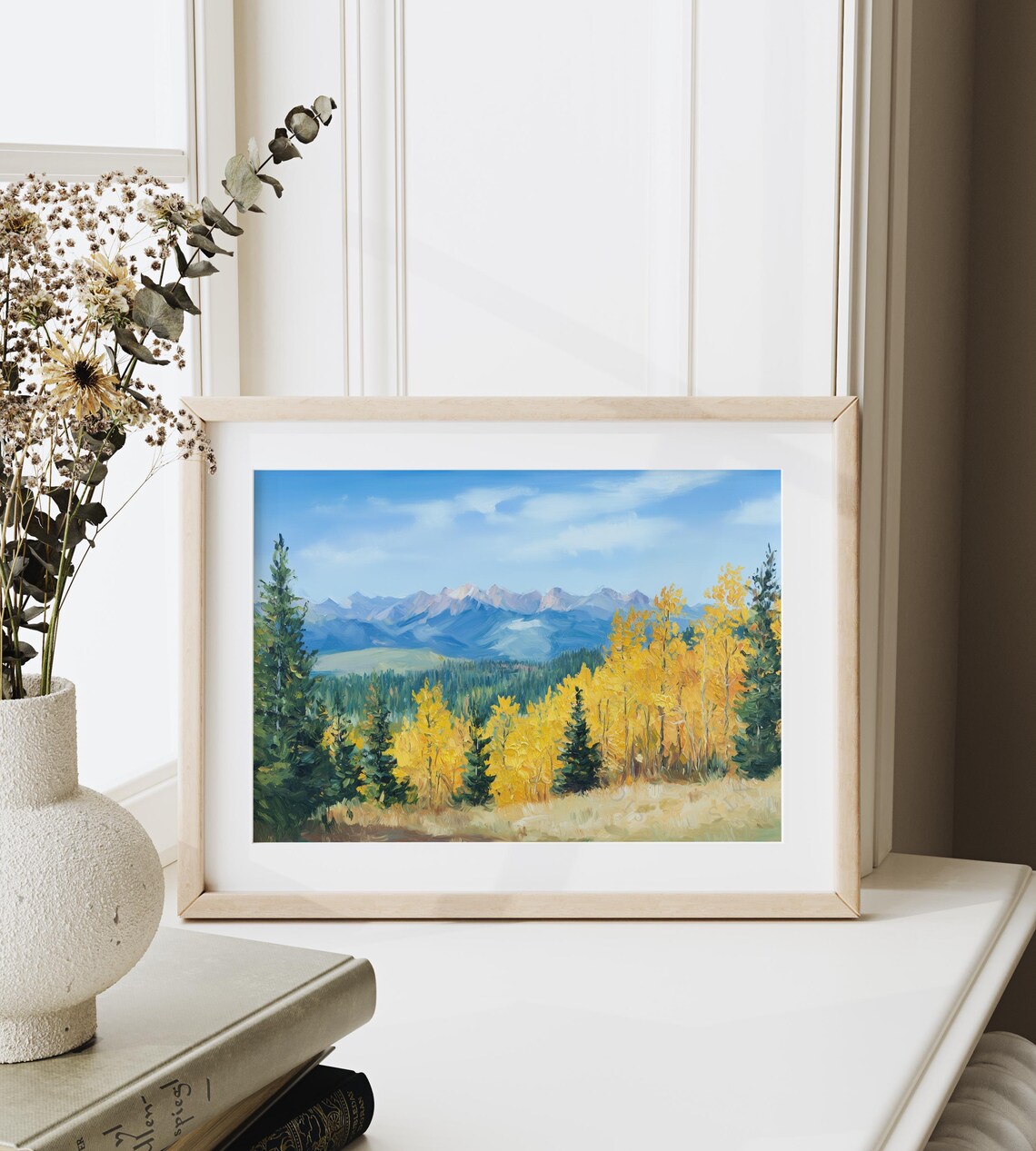 Fall Mountain Landscape Golden Aspens Blue Peaks Pine Trees Painting Poster - Image 6