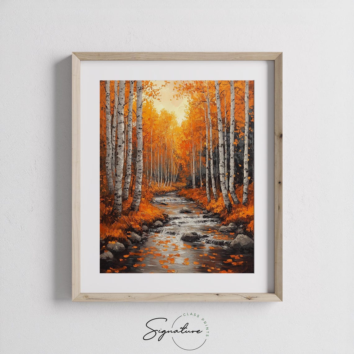 Autumn Birch Grove Mountain Stream White Trunks Orange Leaves Poster - Image 3