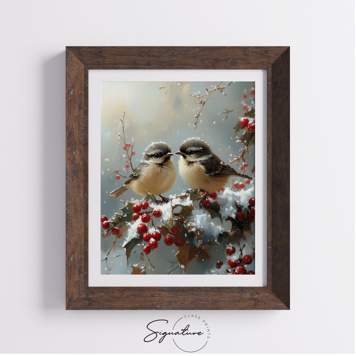 Two Songbirds on Snowy Holly Branch With Red Winter Berries Poster - Image 2