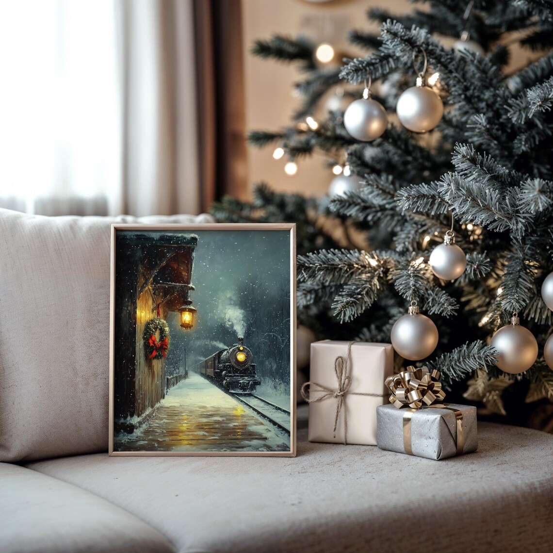 Steam Train Arriving at Snowy Station With Holiday Wreath Night Poster - Image 5