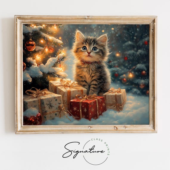 Kitten On Snowy Christmas Gift Boxes Rustic Holiday Wall Art Festive Cottagecore Decor Cozy Christmas Scene Print Cute Cat Art 2837