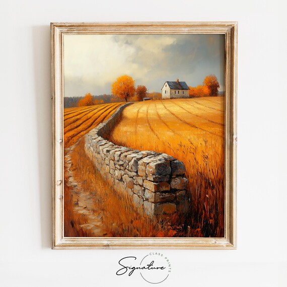 Autumn Farmhouse Stone Wall Golden Field Orange Trees Poster