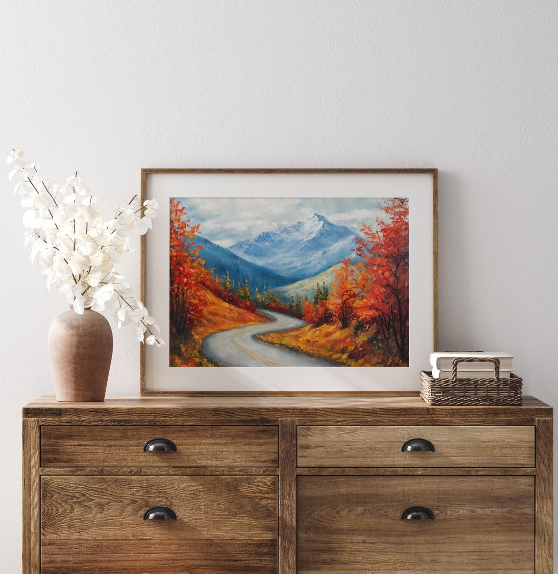 Winding Mountain Road Through Autumn Foliage Snowy Peak Poster - Image 3