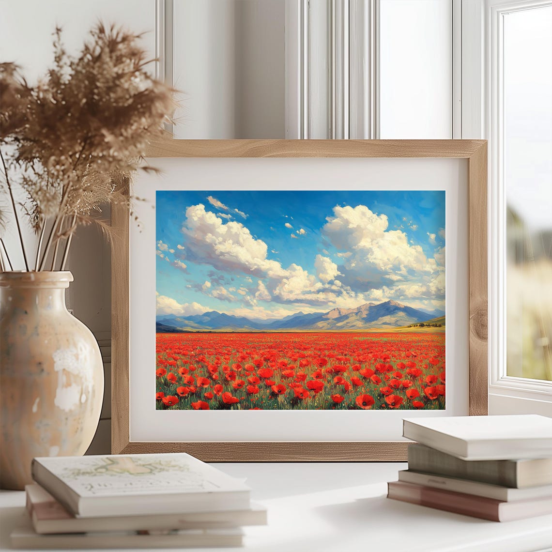 Endless Red Poppy Field Blue Mountains Big Sky Summer Poster - Image 2