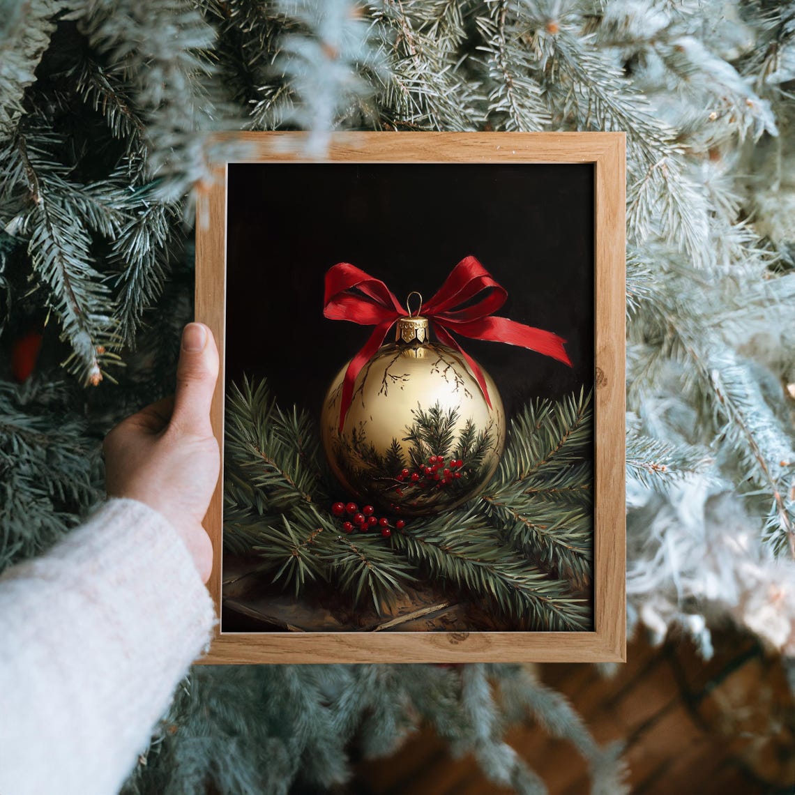 Gold Ornament With Red Bow Painted Pine And Berries Holiday Poster - Image 6
