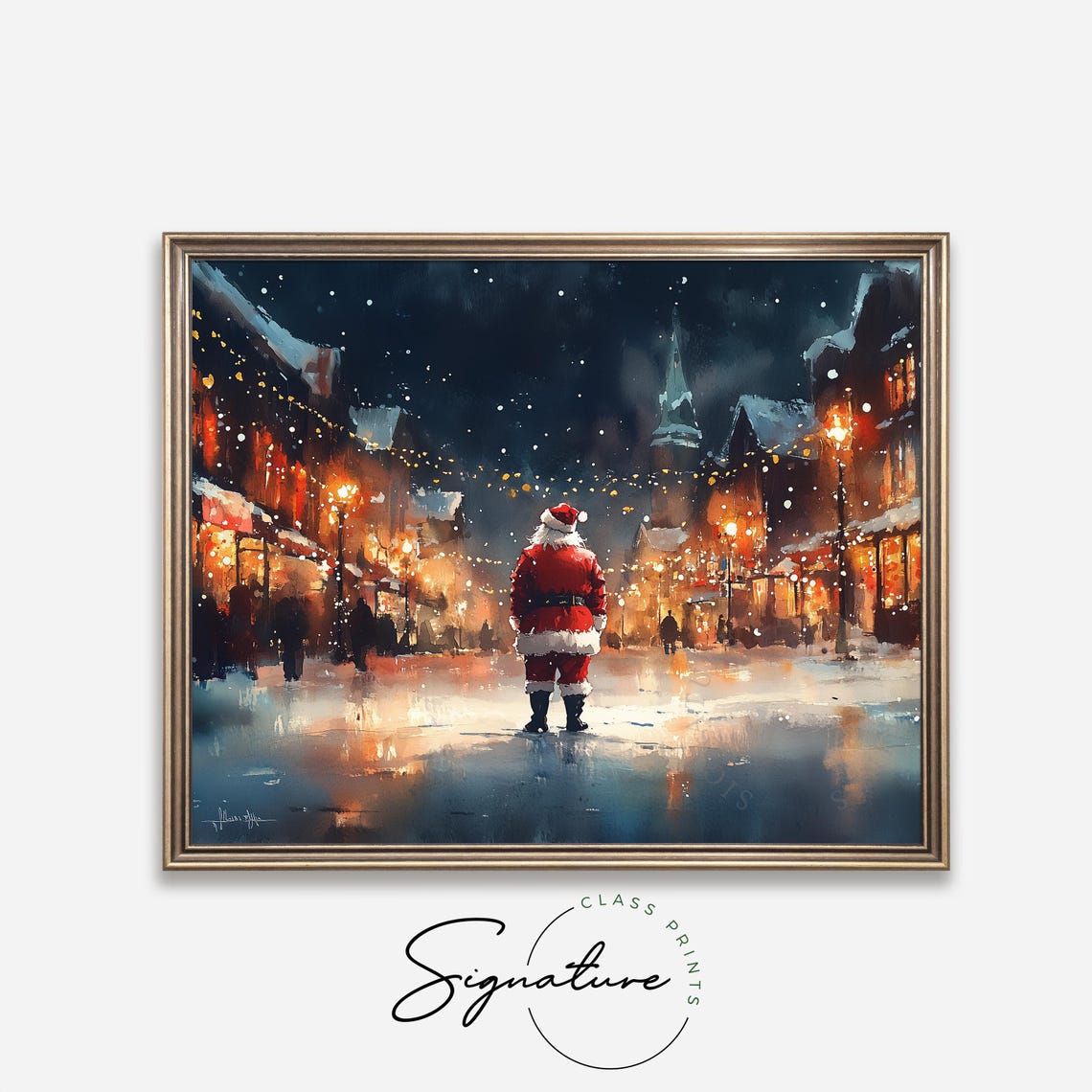 Santa Walking Down Festive Lit Street Night Church Steeple Poster - Image 4