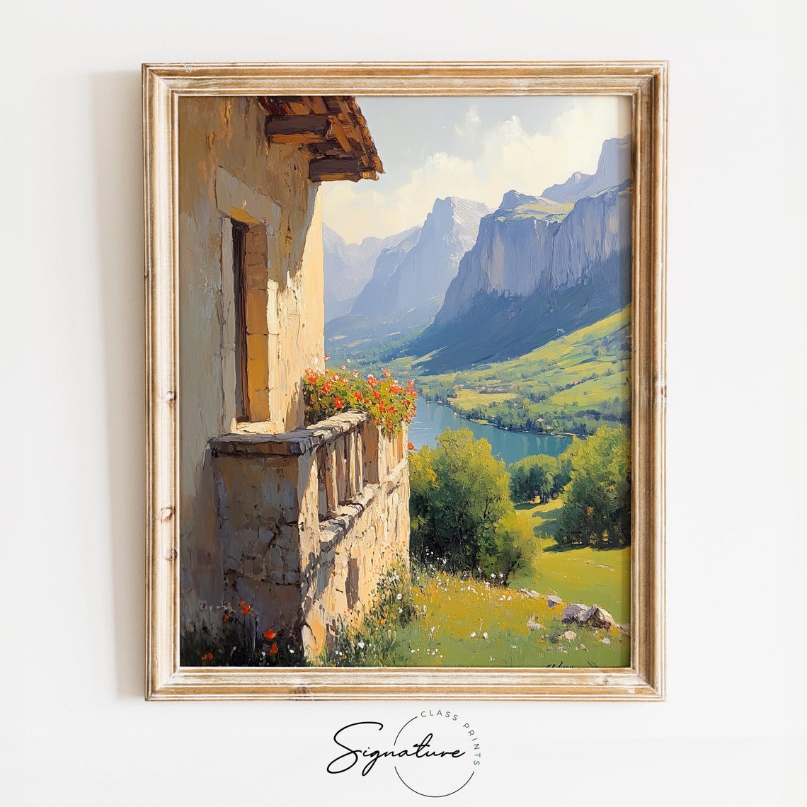 Sunlit Stone Balcony Alpine Mountain Peaks Lake View Print Poster